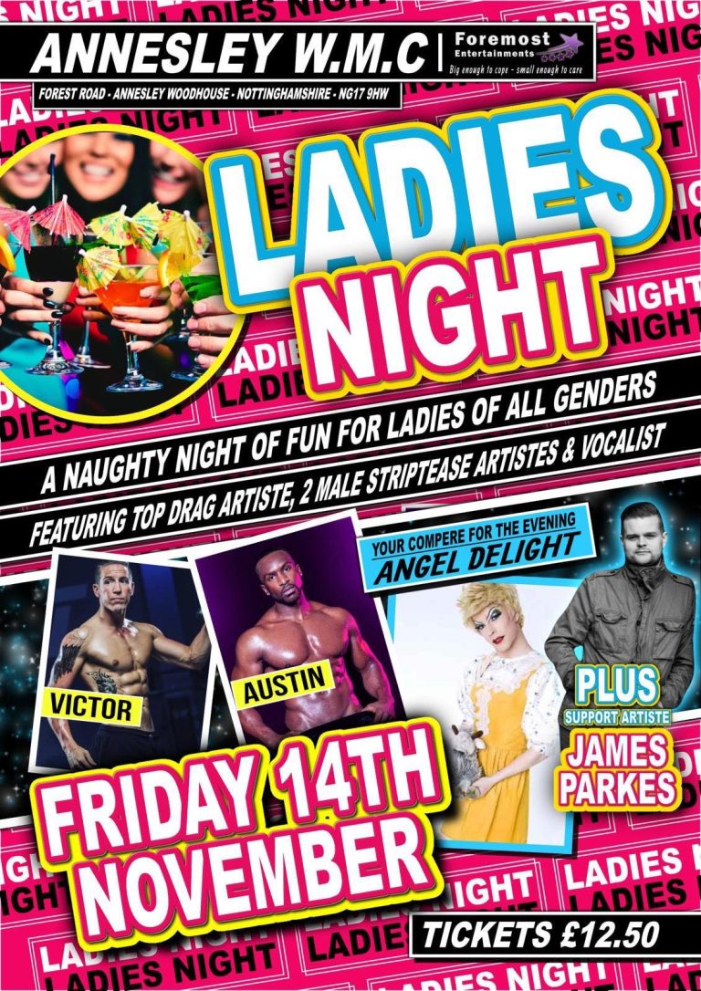 Poster for Ladies Night event featuring entertainment details and ticket information.